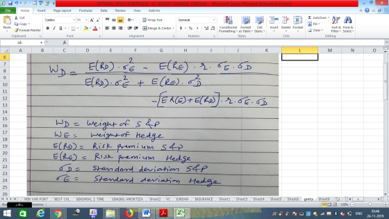 OPTIMAL RISKY PORTFOLIO VC AMORT SINKING JORDAN - Microsoft Excel (Product Activation Failed) Data Review View Add-Ins File I