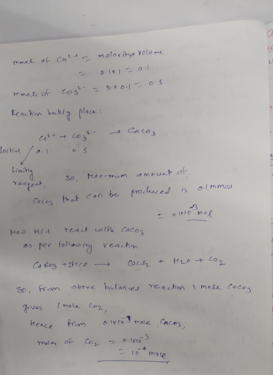mmol of Carta, molarityt volume - D.LX1-01 mmol of cozze - sxoil = 0.5 Reaction taking place: Reachian ta → Caco, cat of co22