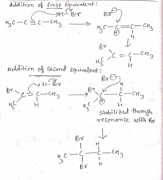 Addition of first equivalent: ~ Br . H₂c-cc-cha -I j Here Addition of second equivalentă uan I. : Bren HP for el 5°cŽ - CH 3