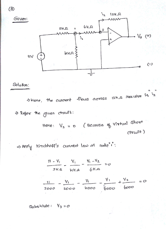 12 l2K.R Given 2 Solution うReber the given ctrul t : →Apply Kirchhoffs cur,ent lao at nede i Vi Vi 20口。