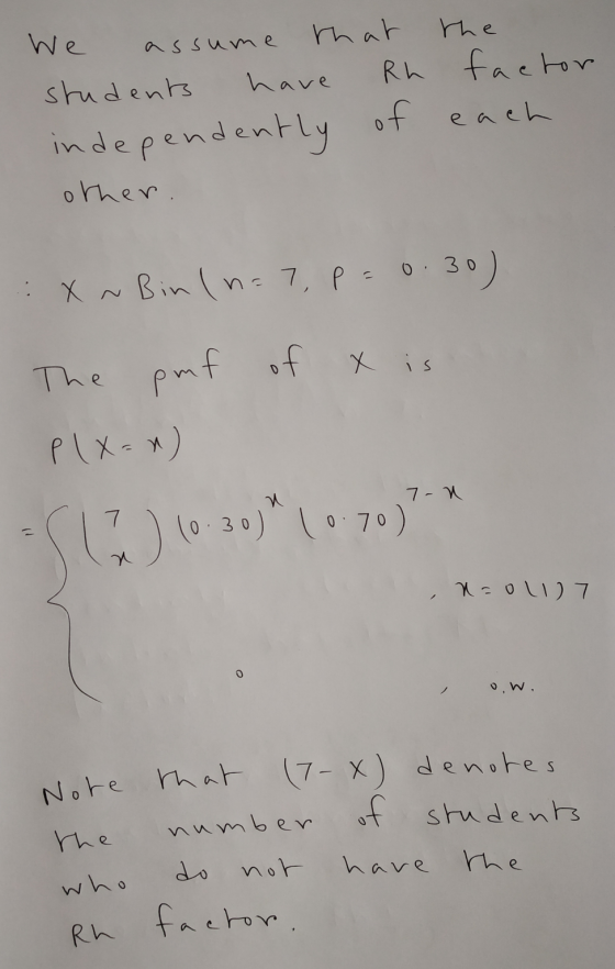 We assume that the students have Rh factor of each independently other. :X ~ Bin (n=7, p=0.30) The pmf of P(X=n) lo 0:30) 10.