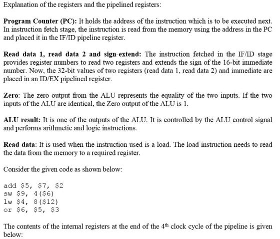 Explanation of the registers and the pipelined registers: Program Counter (PC): It holds the address of the instruction which
