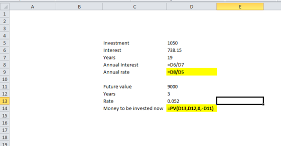 А в ср Investment Interest Years Annual Interest Annual rate 1050 738.15 19 =D6/07 =D8/D5 Future value 9000 Years Rate 0.052