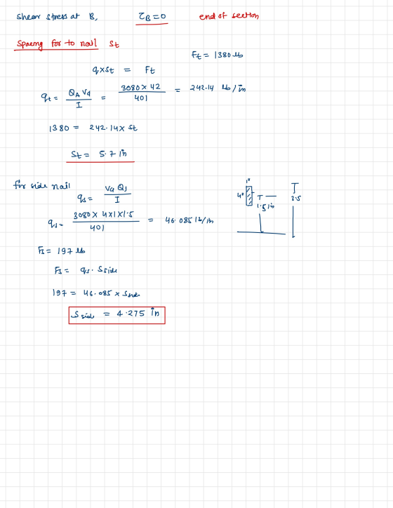 shear stress at B, ZB=0 end of section spoeng for to noul st ft = 1380 Mb q xst - Ft pl 242-14 lb / in qt= QA Va I 3080 x 42