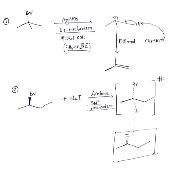 AgNos E1-mechanism Alcohol KoH Ethanol CHз-Wо CHCH,OK # BY Acelone +NaI SN2 mechanisrn I I