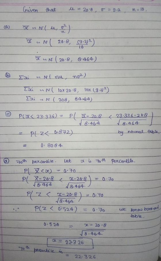 Guiven that u = 2018, o = 912, n=10, (a) Tuniu, uNl 2018, 4:23) X u N ( 20.8, 8.464) Exi usl nu, no2). Exa un 1ox 20.8, lox (