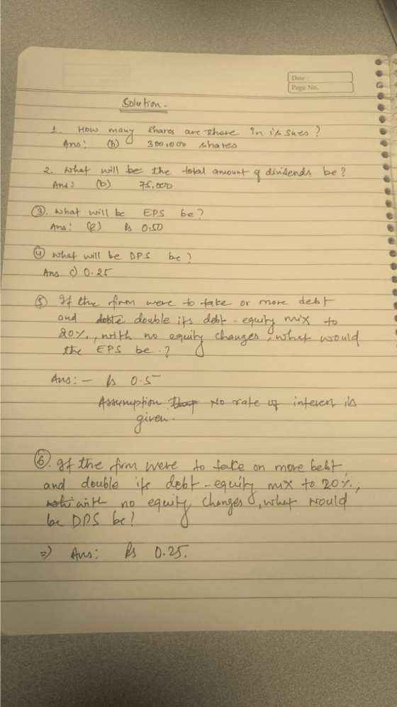 Date Page No. solution. 1. - How Ans! many shares are there 6 0 300.000 shares in issues ? 2. What will be the Ans) (b) 75,00