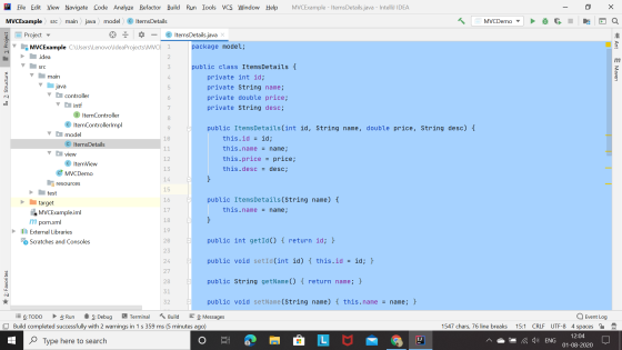 MVCExample - Items Details.java - IntelliJ IDEA - 0 X File Edit View Navigate Code Analyze Refactor Build Run Tools VCS Windo