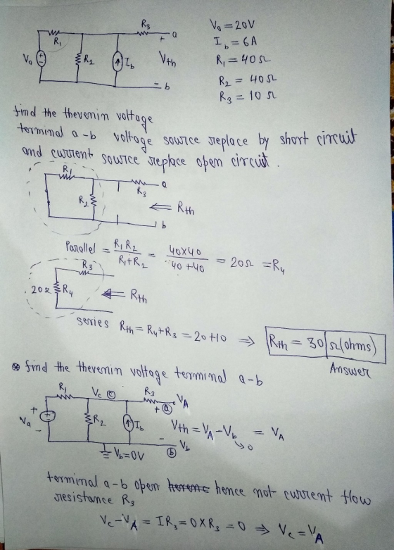 MA Tun Tua al Vth V. &R2 Vo=20V I = 6A R, = 400 R₂ = 400 Rz=100 find the thevenin voltage terminal arb voltage source replace