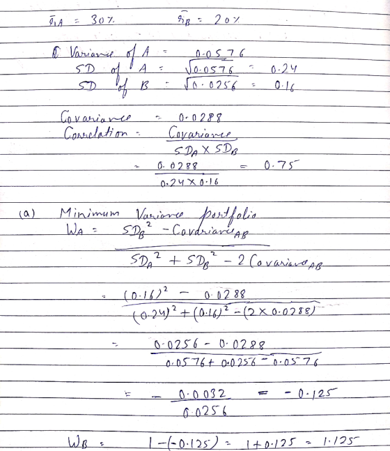 TIA = 30% diß = 20% o Variance of A. - SD of A: S of B : 0.05 76 Jo.0576 50.0256 = 0.24 0.16 Covariance Correlation - a 0.0 2