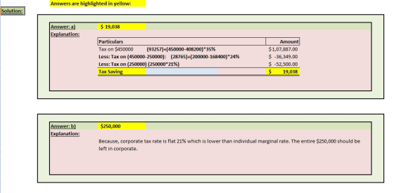 Answers are highlighted in yellow: Solution: $ 19,038 Answer: a) Explanation: Particulars Tax on $450000 (93257)+(450000-4082