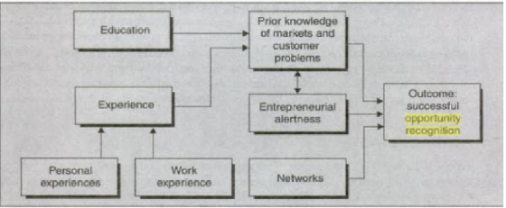 Prior knowledge of markets and customer Education probiems Outcome: successful opportunity recognition Entrepreneurial alertness Experience Personal experiences Work experience Networks