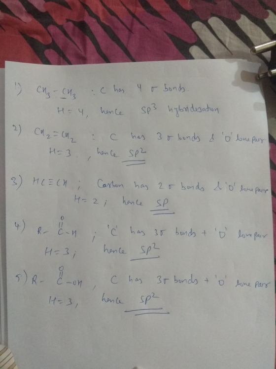 1 CH₂ - CH₂ C has 4 o bonds. H= 4, hence Sp3 hybridization C₂ = cu c has 3o bonds & o bone parr H=3 , hence Sp2 2 I 3) HCEC