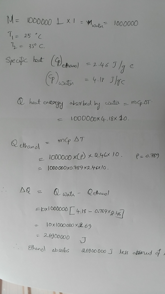 M 1000000 LxIWa 100000 Specific hat (f)ehue) 2.46 J/F c eaic 00000Ox 4.18x 10 62 ethanol τ lox l00o 000x269 2.6900000