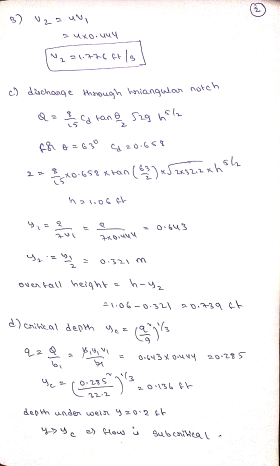 B) Uza un auxo.uny M2 21.776 ft lol c) discharge through triangular notch Q = a scd raną szg hila froz630 Cd 20.688 2 = 8 26+