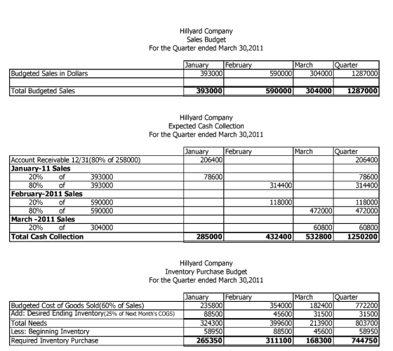 Hillyard Company Sales Budget For the Quarter ended March 30,2011 January February 393000 March Quarter 590000 304000_ 128700