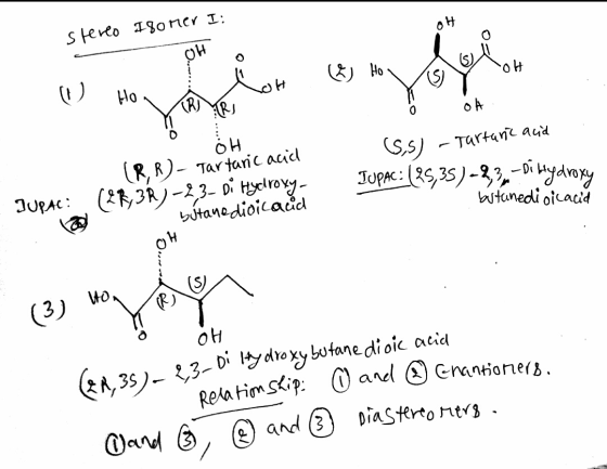 stereo Isomer I: OH 3) Но к I HO Лои RS OH (5,5) - Tartarc acid IUPAC: (25,35)-43.- Di bydroxy (RR)- Tartaricaciel (26,3R)-23