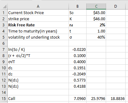 D 1 Current Stock Price 2 strike price 3 Risk Free Rate 4 Time to maturity(in years) 5 volatility of underling stock C $45.00