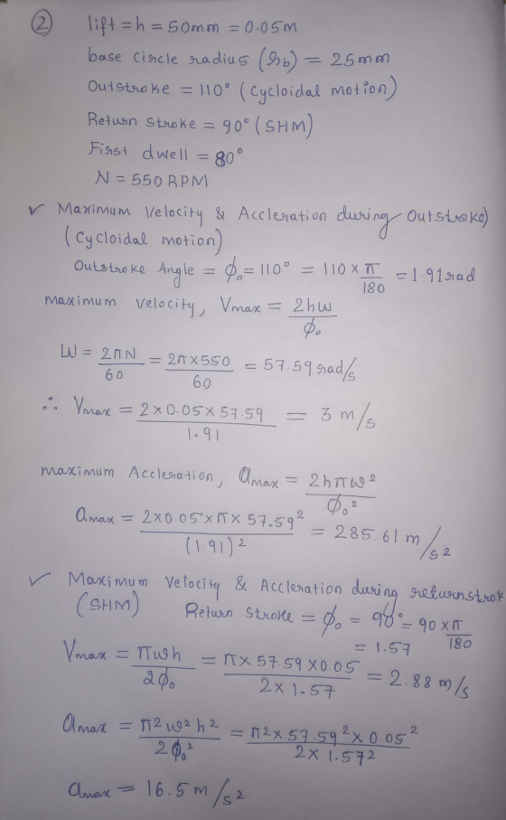 lift = h=50mm = 0.05m base Cinele radius (35b) = 25mm Outstroke = 110° 110° (cycloidal motion) Return stroke = 90° (SHM) Figs