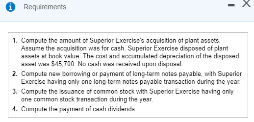 1 Requirements 1. Compute the amount of Superior Exercises acquisition of plant assets Assume the acquisition was for cash. Superior Exercise disposed of plant assets at book value. The cost and accumulated depreciation of the disposed asset was $45,700. No cash was received upon disposal. 2. Compute new borrowing or payment of long-term notes payable, with Superior 3. Compute the issuance of common stock with Superior Exercise having only 4. Compute the payment of cash dividends g only one long-term notes payable transaction during the year one common stock transaction during the year.