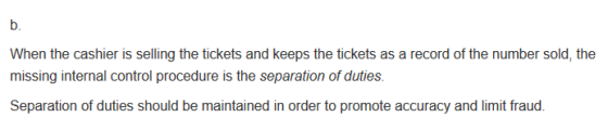 When the cashier is selling the tickets and keeps the tickets as a record of the number sold, the missing internal control pr