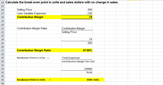 14 Calculate the break-even point in units and sales dollars with no change in sales. Selling Price Less Variable Expenses Co