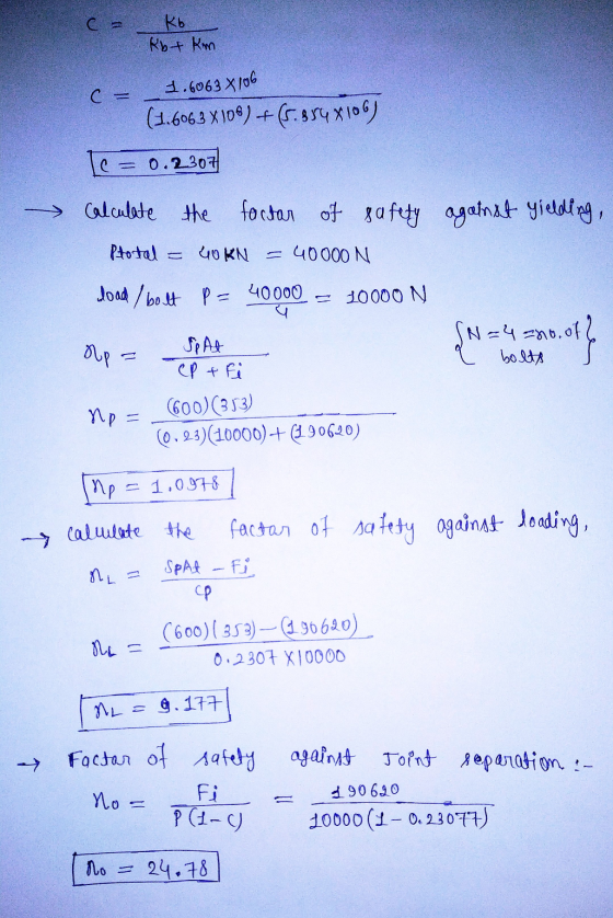 C = Kb Kb+ km 1.6063 X 106 с (1.6063 X109) +(6.854X106) 0.2307 --> Calculate the factor factor of safety against yielding, Pt