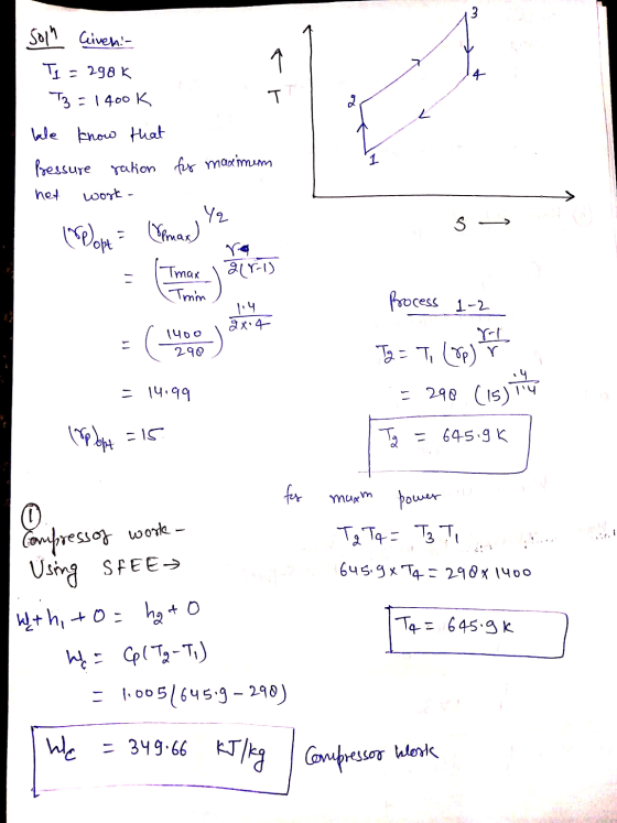 Soln Civen! - Ti =290k T3 = 1400k ble know that Pressure ration het wook - for maximum Port = Seman) s Imax = Tmax airn 1.4 P