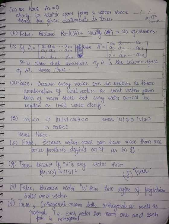 (a we hove Ax 0 cleonlyis soluthon space homs a vectos space/ Kt p Nultet (A)-No.여Columns (b) False! Rank (A) + Because a 022