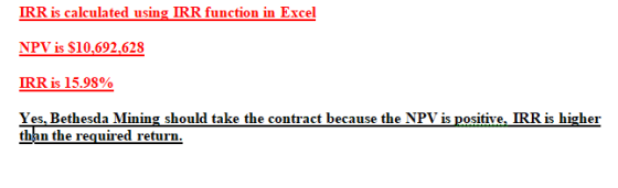 IRR is calculated using IRR function in Excel NPV is $10,692,628 IRR is 15.98% Yes, Bethesda Mining should take the contract