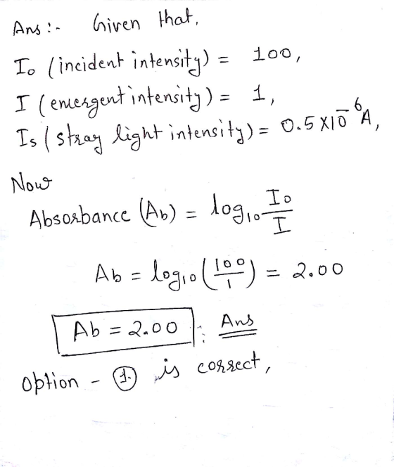 Ans: iven hat しくIncident intensitj)= 100 enehgenT Intens light intensity)-0.5 XI A Nous Absobance (A)- los. ー2.00 b=2.00 on