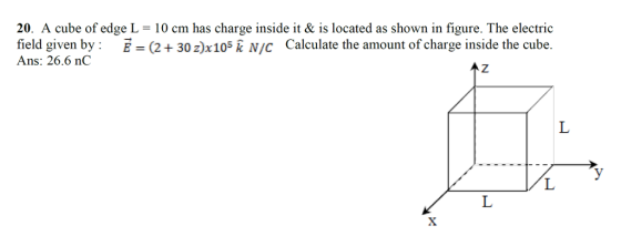 20. A cube of edge L = 10 cm has charge inside it & is located as shown in figure. The electric field given by: Ans: 26.6 nC E = (2 + 302x105 k N/C Calculate the amount ofcharge inside the cube. AZ