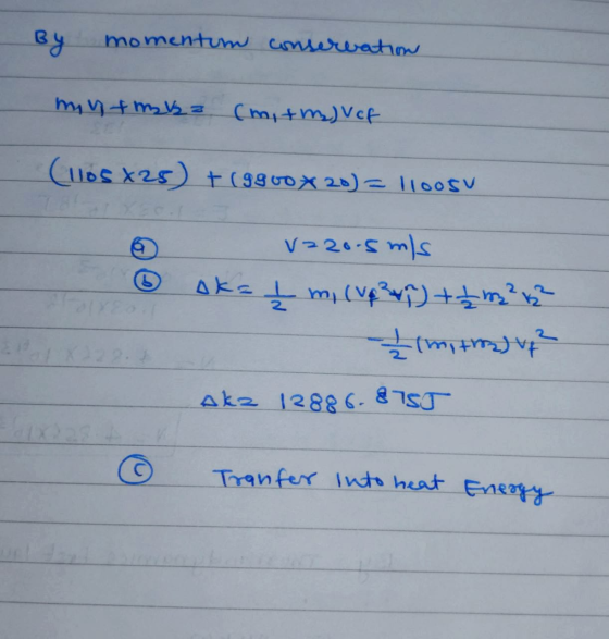 By momentum conservation mynt musa (mitm) Vef (1105x25) + (9900x 20) = 110050 V220.5 m/s ak= Į mi (vp??) + + m² 1² Ilmitove?