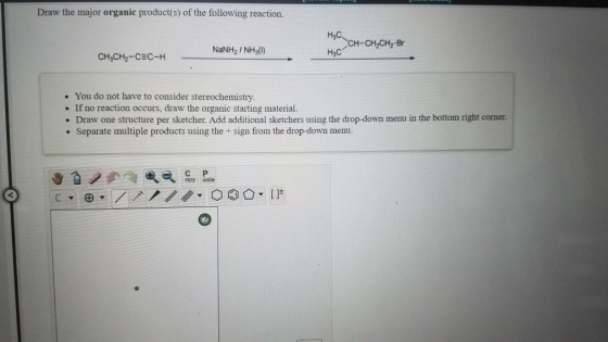 Draw the major organic product(s) of the following reaction. H.C CH-CH₂CH₂-Br NaNH2/NH3(0) HC CH3CH2-CEC-H You do not have to