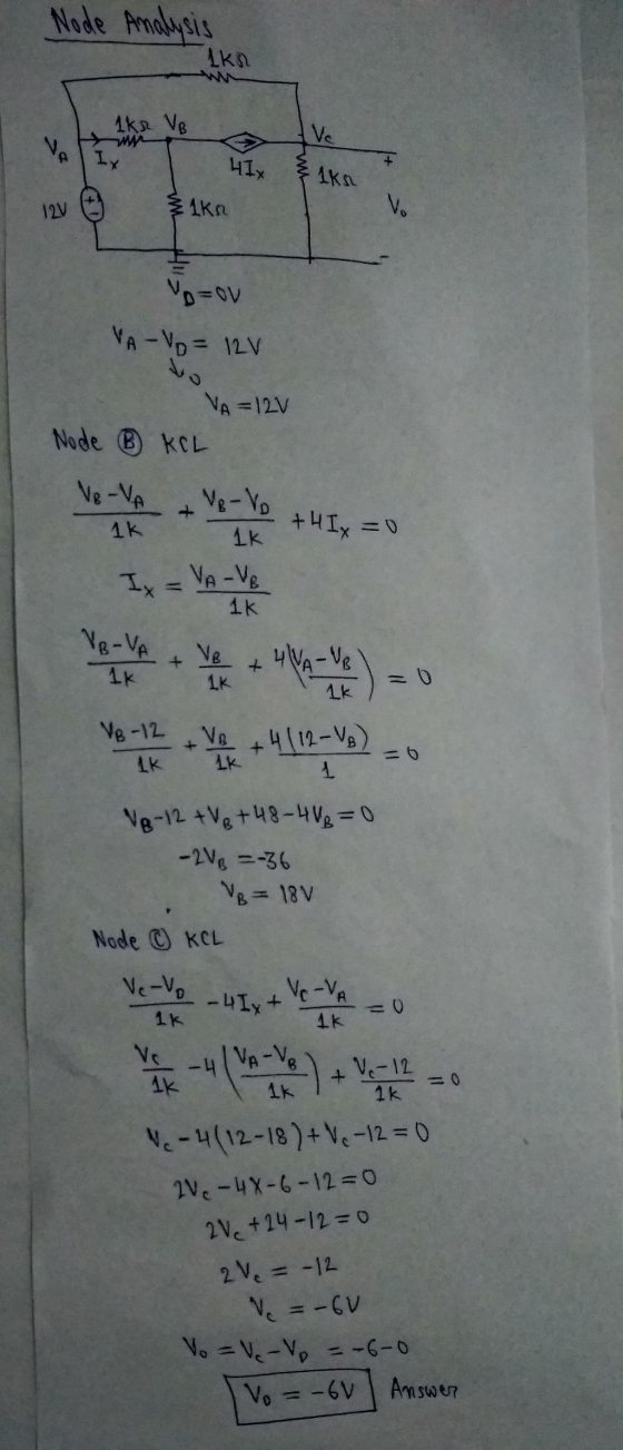 Node Analysis 1k kr VB lkn 1kn Vo Vozov VA-Vo= 12V VA= 12V Node B KEL +4Ix=0 Ix = VA-ve Here are a) = ve the +419-V)20 VB-12