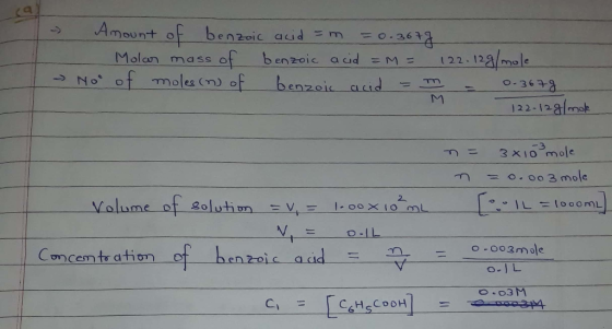 > Amount of benzoic acid = m = 0.3677 - Molar mass of benzoic acid = M = 122-12g/mole - Noo of moles (n) of benzoic acid = m