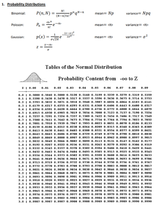 1. Probability Distributions N! Binomial: P(n,N) = pqN-n mean= Np variance=Npq (N-n)!n! Poisson: Pr = e mean= «n> variance= <