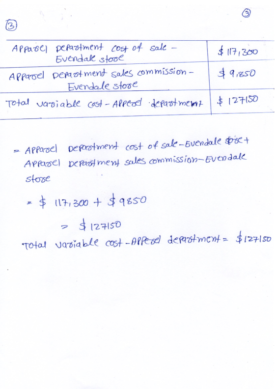 (3 APPase peparotment cost of sale Evendale stooe 17300 APPaoel pepaotmend sales ommission- Evendale stooe Total variable cos