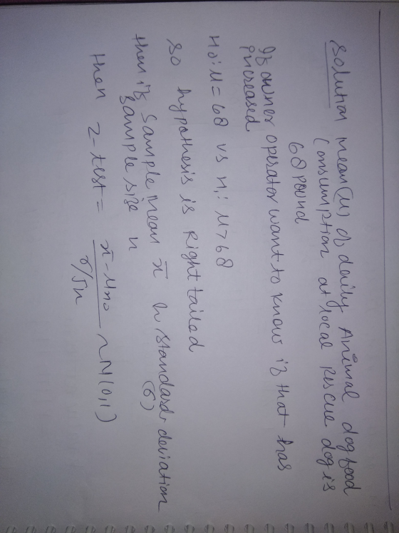 solution mean u of daily Animal dog food Consumption at local Rescue dog is 60 Pound If owner operator want to know if that h