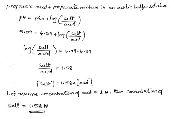 Qud poopcenoic acid + propanale mixteere is an acidic buffer solulion. pH = pka+log (Saelita 5:09 = 4.89 +log (salt) logo hel