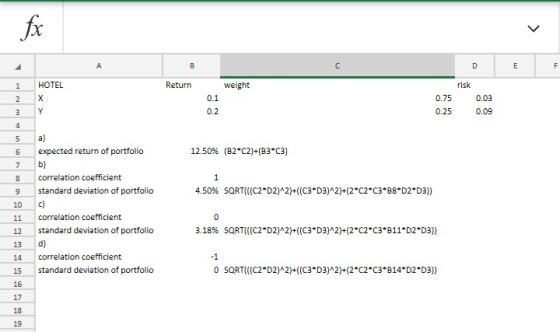 fo 1 HOTEL Return weight risk 0.1 0.2 0.75 0.25 0.03 0.09 5 a) 6 expected return of portfolio 7 b) 8 correlation coefficient