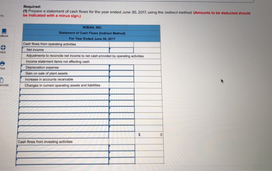 Required: (1) Prepare a statement of cash flows for the year ended June 30, 2017 using the indirect method (Amounts to be ded