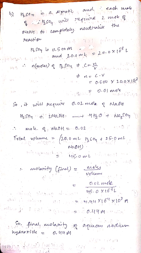 auel each mol s0i a depretc 4 3s0wr rfeure 2 moe q Wao tocompletzle. neutalise reaution the nSoy i v.5 ov m ouud 20.0 m L 20.