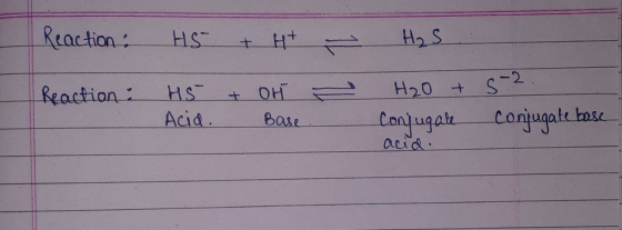 Reaction: HS + H+ H₂S Reaction: . HS Acid. + OH Base - H₂O + 5-2. Conjugate conjugate base acid.