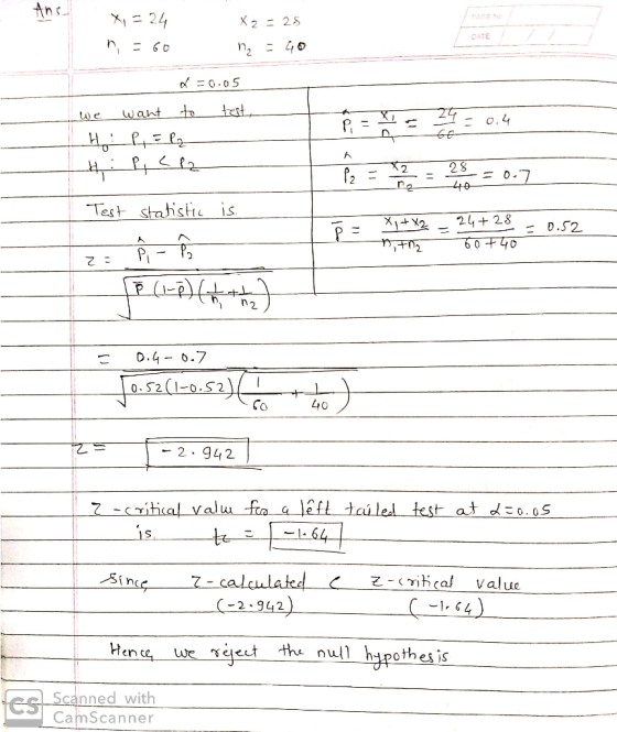 Anc x =24 n=60 X2 = 28 = 40 = 0.05 we want to test, H: P = Pz HP, 212 Test statistic is Iñas 2920.4 Per a = 24 = 0.7 28 - 40