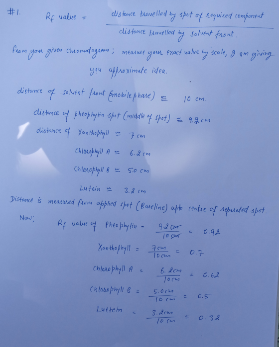 #1 Rf value = distance travelled by spot of required component distance travelled by solvent front. from you gives chromatogr