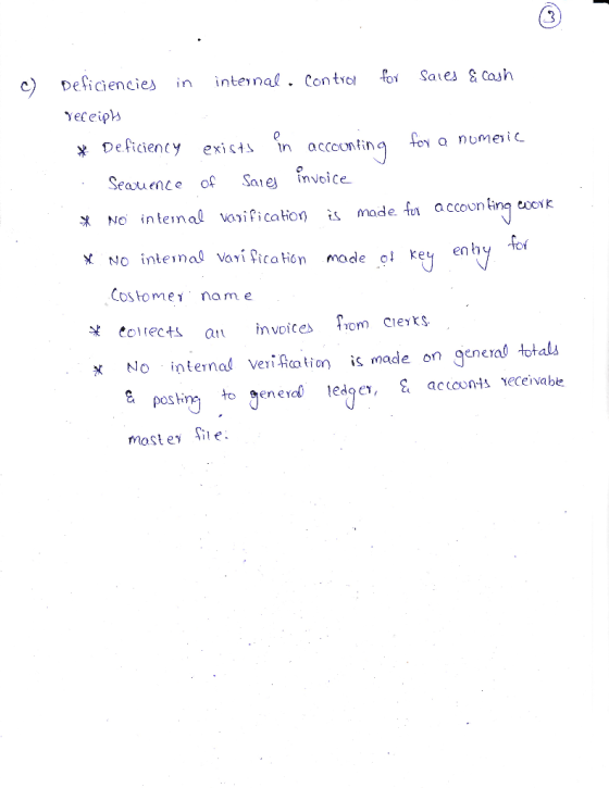 c) internal Control for sales & cash Deficiencies in Yeceipts * Deficiency . Secuence for a nomeric exists in accounting of s