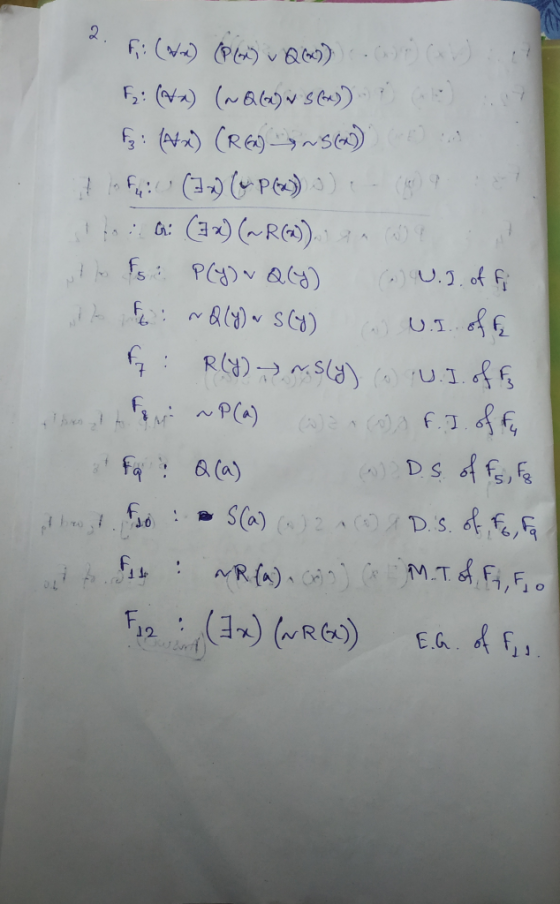Fi (Wx) (P (6) v Q(x)) (2) (+b) :: F₂: (N2) (MQ(G) ~ SD 2 F: (4x) (R6) -> ~5m) i fy? (an) (up() 9 ) (190) 9. to a: (3x) (aR(