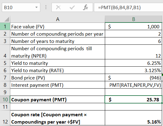 B10 fic =PMT(B6,B4,B7,B1) B $ 1,000 2 6 A 1 Face value (FV) 2 Number of compounding periods per year 3 Number of years to mat