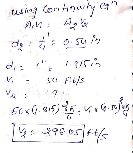 using Con tinwhy egn O.54 in (= 1:315in 50 FL/S di= 5.4r (0.5%) 8 50x(1.315) ý: 296 05ft/